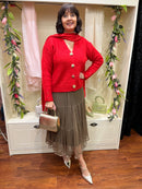 Shell Gold Brooch Cardi - Red