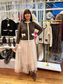 Thea Crushed Velvet Bow Cardi - Chocolate Brown & Cream