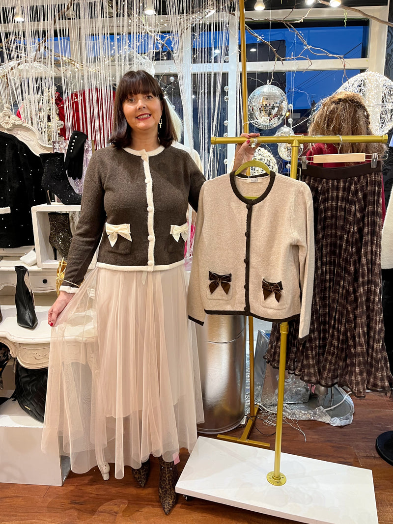 Thea Crushed Velvet Bow Cardi - Chocolate Brown & Cream