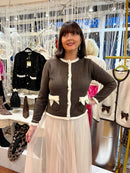 Thea Crushed Velvet Bow Cardi - Chocolate Brown & Cream