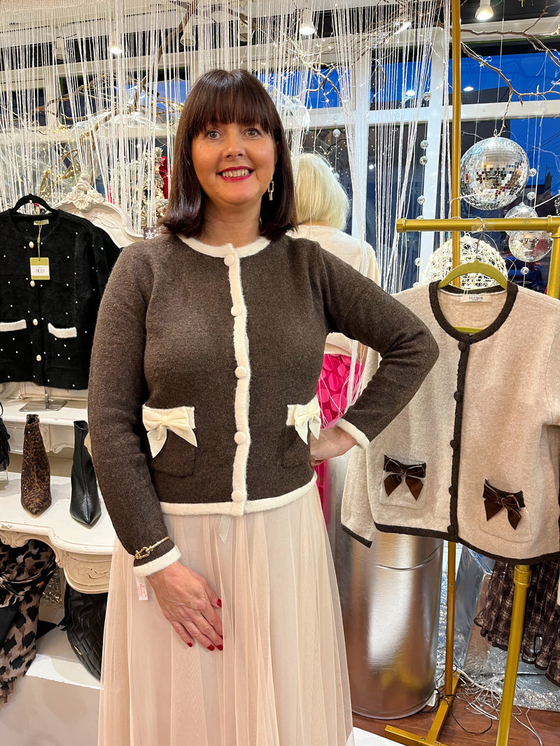 Thea Crushed Velvet Bow Cardi - Chocolate Brown & Cream