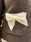 Thea Crushed Velvet Bow Cardi - Chocolate Brown & Cream