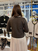 Thea Crushed Velvet Bow Cardi - Chocolate Brown & Cream