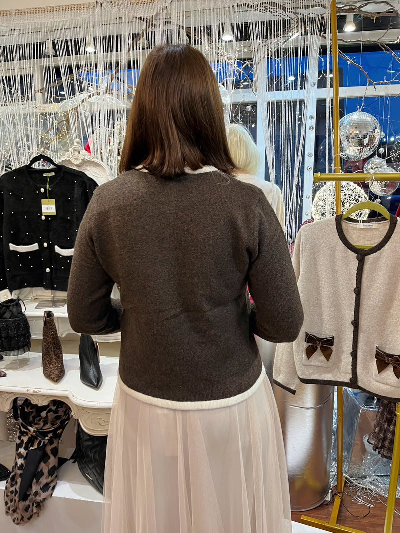 Thea Crushed Velvet Bow Cardi - Chocolate Brown & Cream