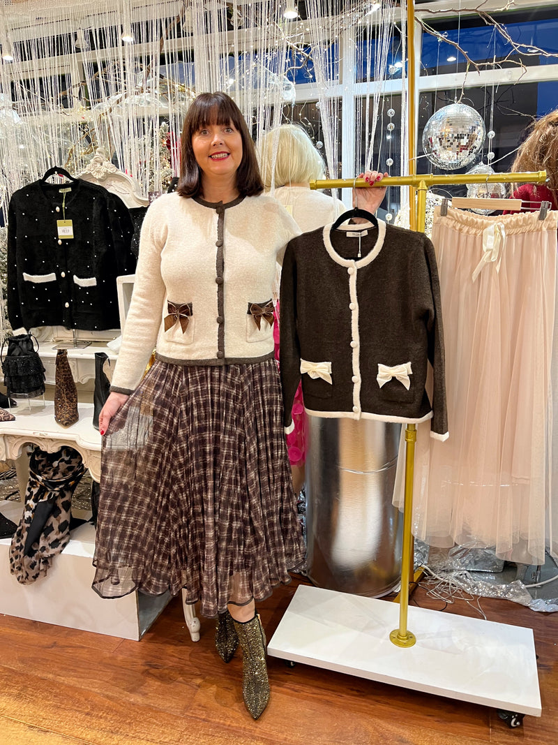 Thea Crushed Velvet Bow Cardi - Cream & Brown