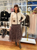 Thea Crushed Velvet Bow Cardi - Cream & Brown