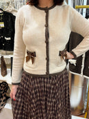 Thea Crushed Velvet Bow Cardi - Cream & Brown