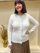 Delaney Ruffle Edge & Pearl Cardi - Cream & Powder Blue