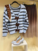 Raye Stripe Reversible Bow Jumper - Light Blue
