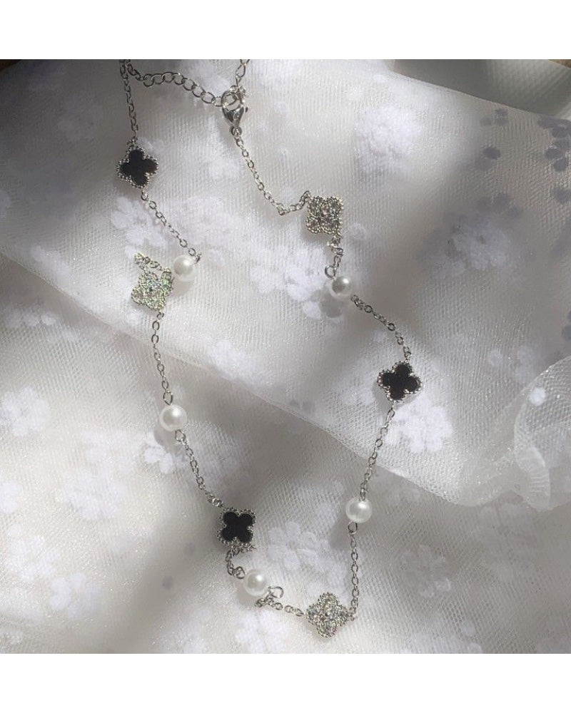 Mimi Petal & Pearl Fine Necklace - Silver & Black