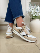 Marco Tozzi White, Beige & Leopard Stripe Trainer 2-23790-46 197