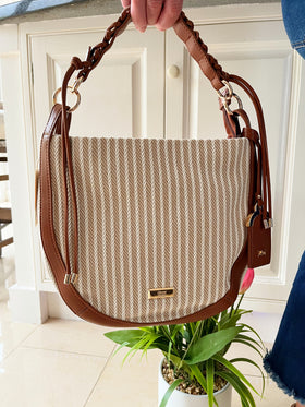Gionni Stripe Canvas Shoulder Bag - 11G2867 Tan & Beige