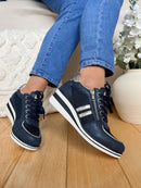 Redz Navy Wedge Silver Stripe Trainers - 6G242-07B
