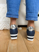 Redz Navy Wedge Silver Stripe Trainers - 6G242-07B