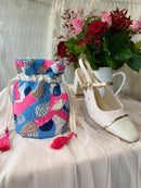 Lindsey Sequin & Bead Cotton Pouch Bag - Sky Blue & Hot Pink