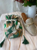 Lindsey Sequin & Bead Cotton Pouch Bag - Forest Green & Gold