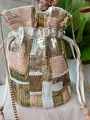 Elsie Sequin & Bead Cotton Pouch Bag - Gold, Rose & Blush