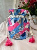 Lindsey Sequin & Bead Cotton Pouch Bag - Sky Blue & Hot Pink