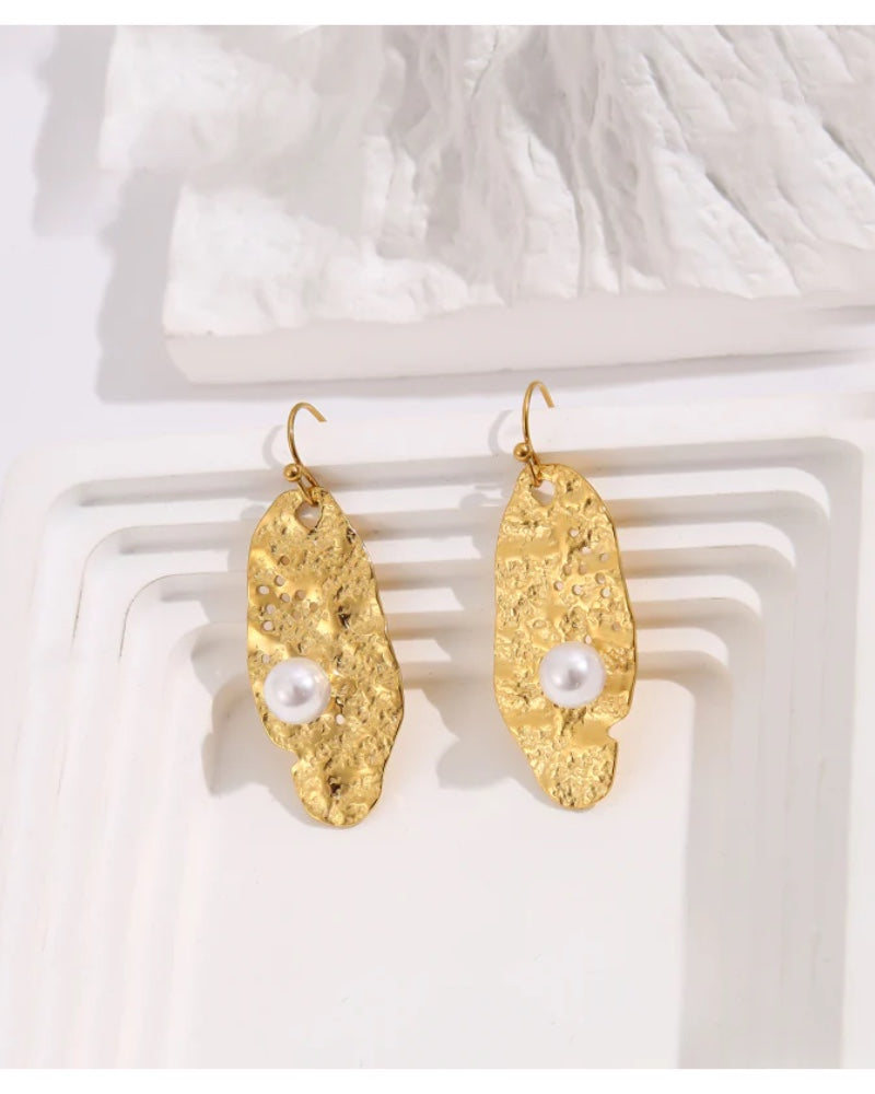 Athena Brushed Leaf & Pearl Drop Earrings