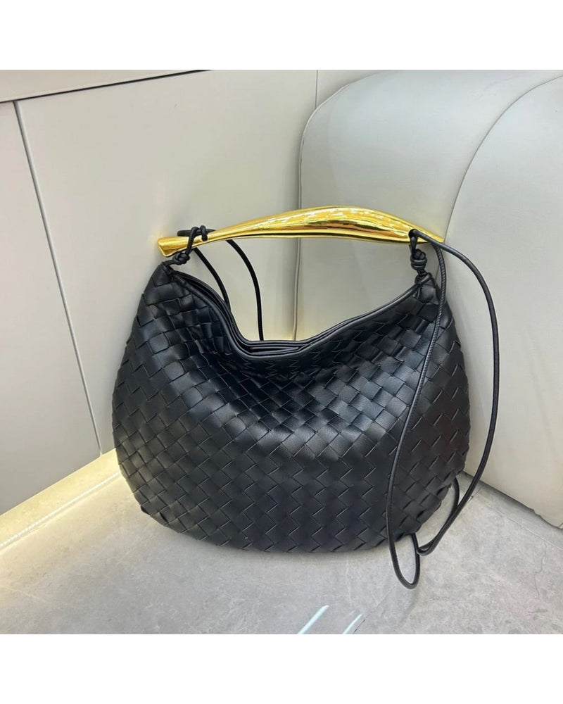 Uma Woven Gold Handle Bag - Black