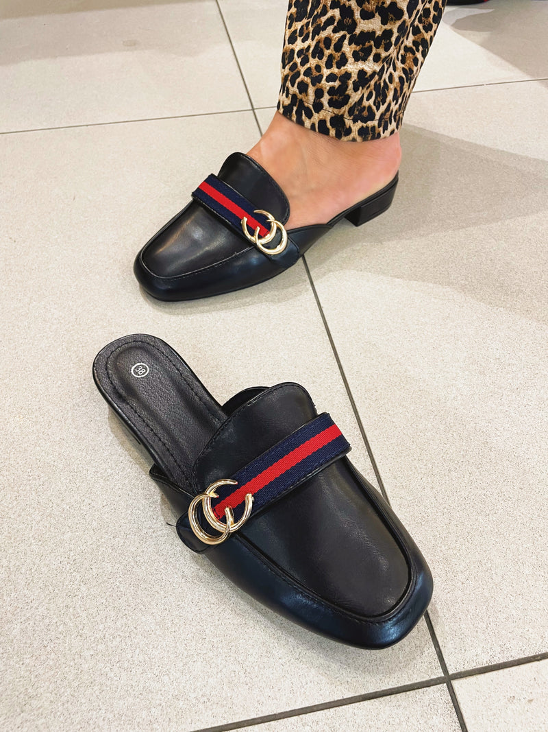 Cici Black Mules With Navy & Red Stripe