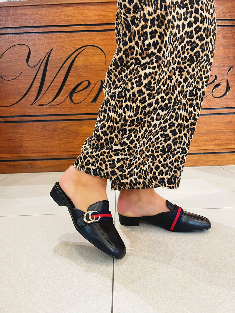 Cici Black Mules With Navy & Red Stripe