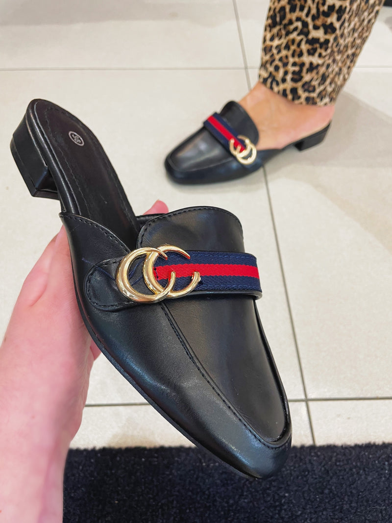 Cici Black Mules With Navy & Red Stripe