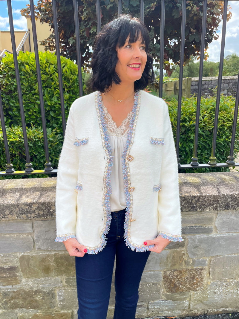 Nika Tweed Fringe Enamel Button Knitted Jacket - Cream