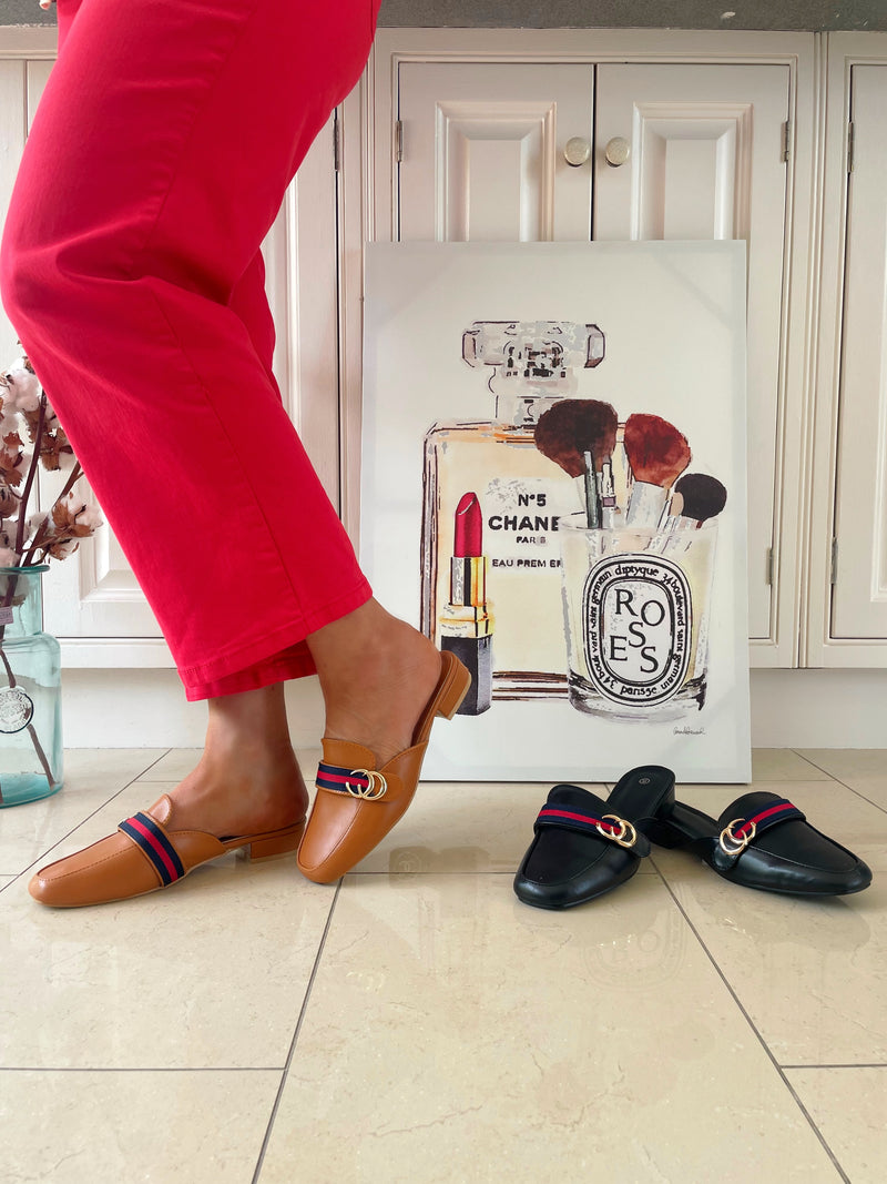 Cici Black Mules With Navy & Red Stripe