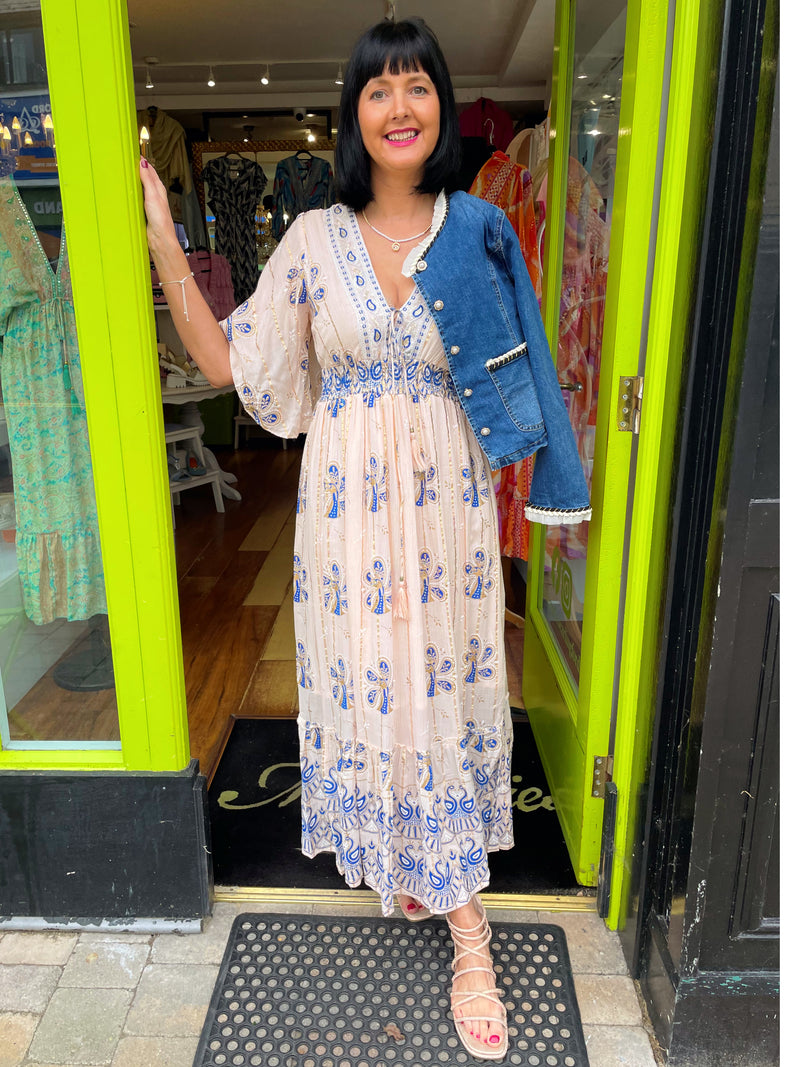 Santorini Crochet & Sequin Gold Stripe Maxi - Blush & Royal Blue