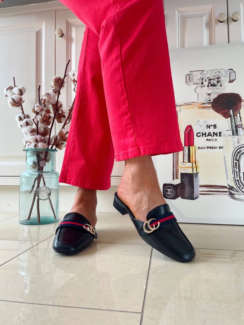 Cici Black Mules With Navy & Red Stripe