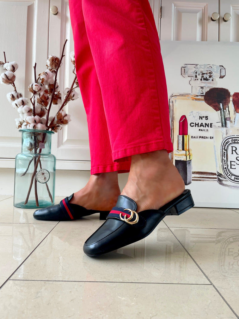 Cici Black Mules With Navy & Red Stripe