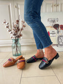 Cici Tan Mules With Navy & Red Stripe