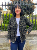 Evie Gold Thread Knitted V Neck Jacket - Black