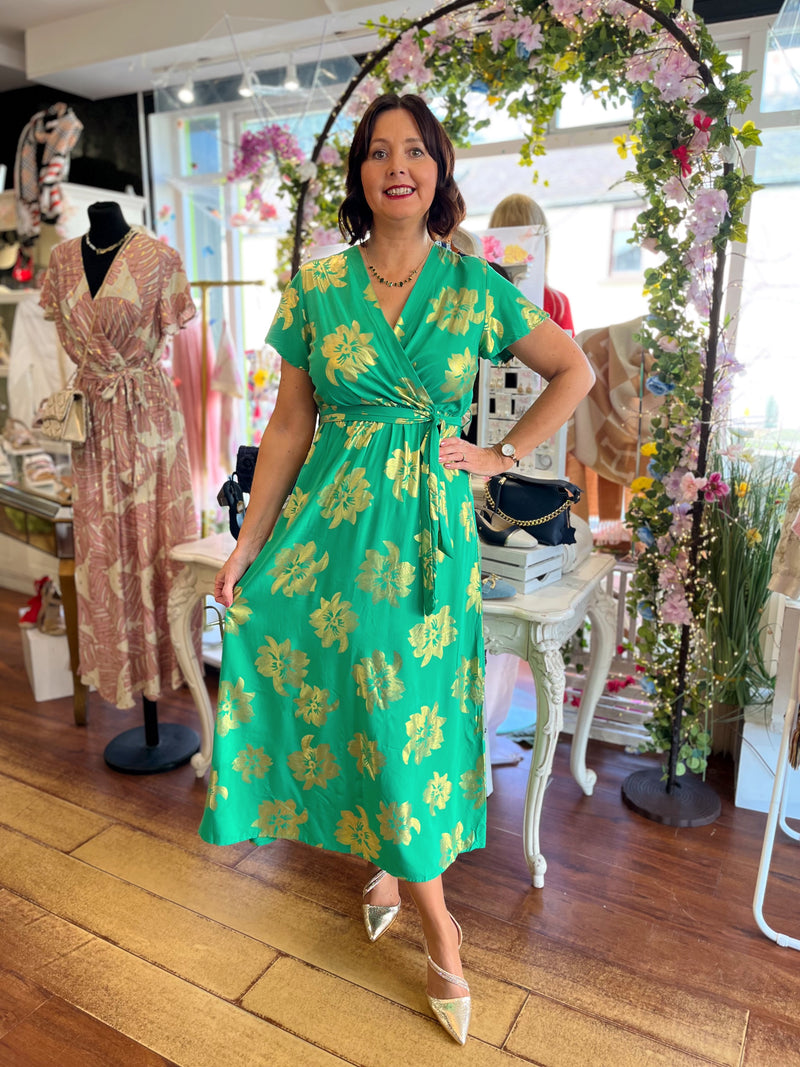 slim fit dress slacks Green Floral Smocked Midi Dress - All Dresses