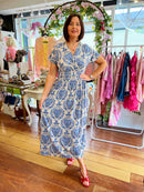 Magic Cap Sleeve Leaf Print Maxi Dress - Blue