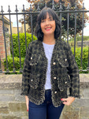 Evie Gold Thread Knitted V Neck Jacket - Black