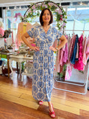 Magic Cap Sleeve Leaf Print Maxi Dress - Blue