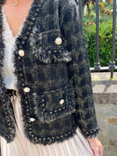 Evie Gold Thread Knitted V Neck Jacket - Black