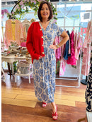 Magic Cap Sleeve Leaf Print Maxi Dress - Blue