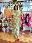 Magic Cap Sleeve Leaf Print Maxi Dress - Green