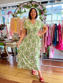 Magic Cap Sleeve Leaf Print Maxi Dress - Green