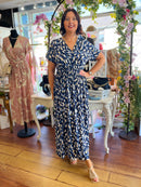 Magic Cap Sleeve Gold Leaf Maxi Dress - Navy & Blue