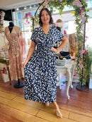 Magic Cap Sleeve Gold Leaf Maxi Dress - Navy & Blue