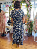 Magic Cap Sleeve Gold Leaf Maxi Dress - Navy & Blue