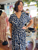 Magic Cap Sleeve Gold Leaf Maxi Dress - Navy & Blue