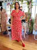 Magic Cap Sleeve Gold Leaf Maxi Dress - Red & Pink