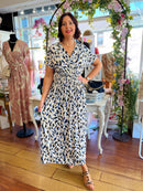 Magic Cap Sleeve Gold Leaf Maxi Dress - Cream & Blue