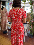 Magic Cap Sleeve Gold Leaf Maxi Dress - Red & Pink