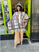 Kadence Tartan Tassel Shawl - Camel & Grey